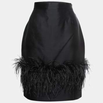 Pre Owned CH Carolina Herrera Black Silk Blend Feather Trimmed Knee Length Skirt M