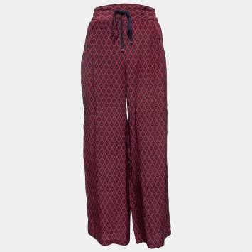Pre Owned CH Carolina Herrera Blue/Red Printed Silk Wide Leg Pants S