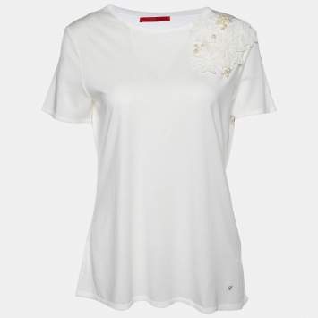 Pre Owned CH Carolina Herrera White Cotton Floral Pearl Applique T-Shirt M