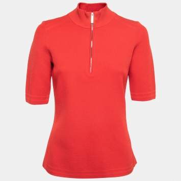 Pre Owned CH Carolina Herrera Red Perforated Knit Zip Up High Neck Polo T-Shirt M