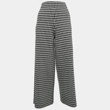 Pre Owned CH Carolina Herrera Black Houndstooth Wool Blend  Elasticized Waist Wide-leg Pants S