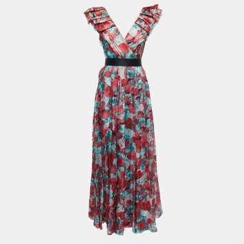 Pre Owned CH Carolina Herrera Red Floral Print Silk Ruffled Belted Maxi Dress S