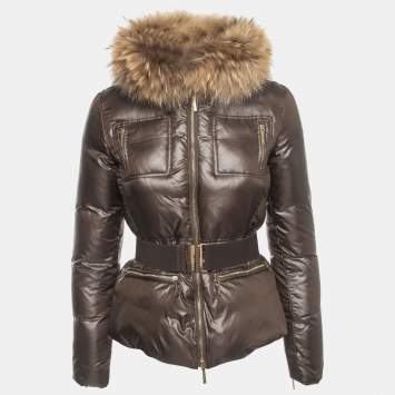 Pre Owned CH Carolina Herrera Brown Nylon Racoon Fur Neckline Zip Front Down Jacket XS