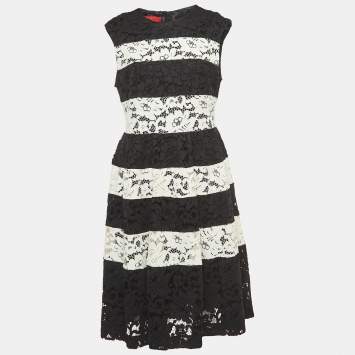Pre Owned Carolina Herrera Black/White Lace Sleeveless Midi Dress M