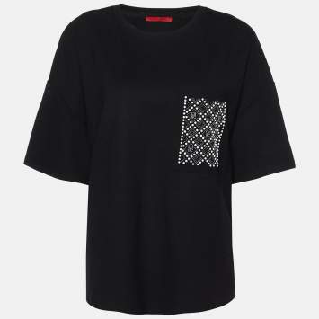 Pre Owned CH Carolina Herrera Black Knit Embellished Pocket T-Shirt L