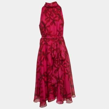 Pre Owned CH Carolina Herrera Pink Floral Print Silk Waist Tie-Up Midi Dress M