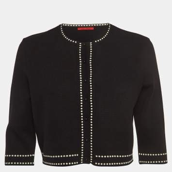 Pre Owned CH Carolina Herrera Black Contrast Border Knit Cropped Cardigan M