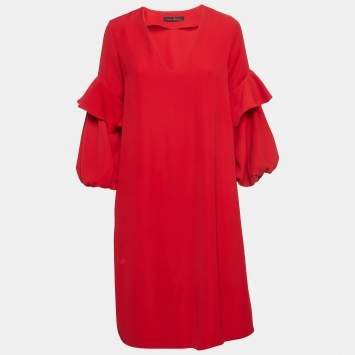 Pre Owned CH Carolina Herrera Red Stretch Crepe Balloon Sleeve Short Dress S