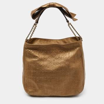Pre Owned CH Carolina Herrera Gold Monogram Embossed Leather Chain Bow Hobo