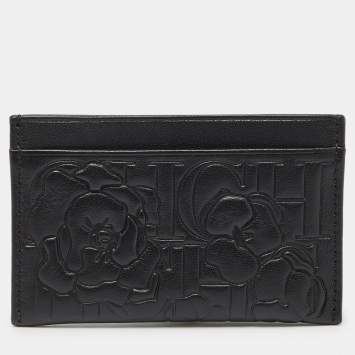 Pre Owned CH Carolina Herrera Black Monogram Embossed Leather Card Holder