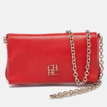 CH Carolina Herrera Red Leather Flap Chain Shoulder Bag