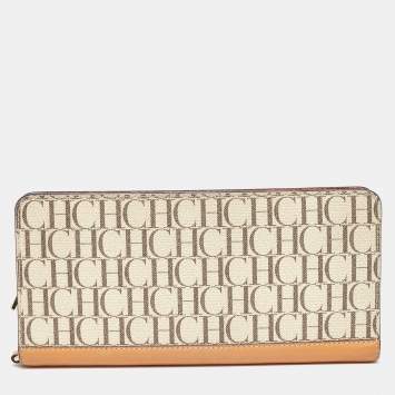 Pre Owned CH Carolina Herrera Beige/Tan Signature Coated Canvas and Leather Wallet