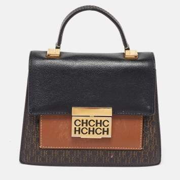 Pre Owned CH Carolina Herrera Tri Color Monogram Coated Canvas and Leather Top Handle Bag