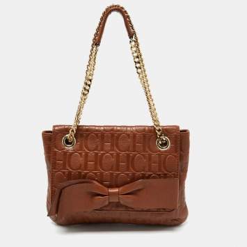 Pre Owned CH Carolina Herrera Brown Monogram Leather Audrey Shoulder Bag