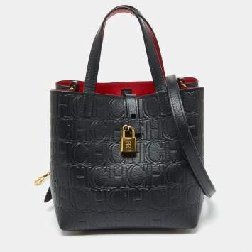 Pre Owned CH Carolina Herrera Black Monogram Embossed Leather Small Matryoshka Locked Tote