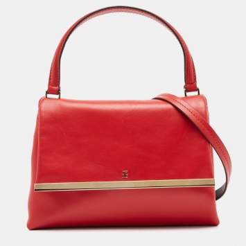 Pre Owned CH Carolina Herrera Red Leather Metal Bar Flap Top Handle Bag