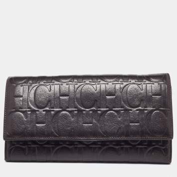 Pre Owned CH Carolina Herrera Brown Monogram Embossed Leather Trifold Clutch