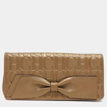 Pre Owned CH Carolina Herrera Gold Embossed Leather Bow Crossbody Bag