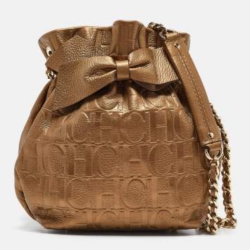 Pre Owned CH Carolina Herrera Gold Monogram Embossed Leather Bow Bucket Bag