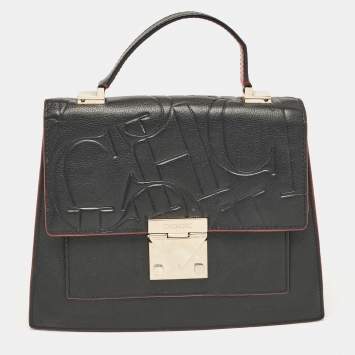 Pre Owned CH Carolina Herrera Black Embossed Leather Top Handle Bag