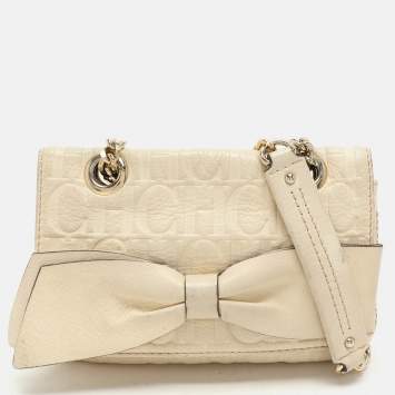 Pre Owned CH Carolina Herrera Cream Monogram Leather Audrey Shoulder Bag