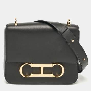 Pre Owned CH Carolina Herrera Black Leather Medium Initials Insignia Shoulder Bag