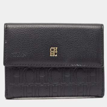 Pre Owned CH Carolina Herrera Black Monogram Leather Compact Wallet