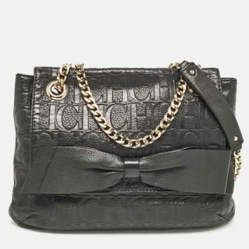 Pre Owned CH Carolina Herrera Black Monogram Embossed Leather Audrey Shoulder Bag