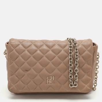 Pre Owned CH Carolina Herrera Beige Quilted Leather Flap Shoulder Bag