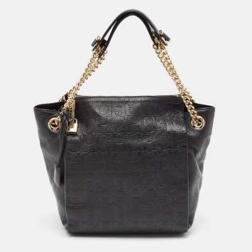 Pre Owned CH Carolina Herrera Black Monogram Embossed Leather Zip Chain Shoulder Bag