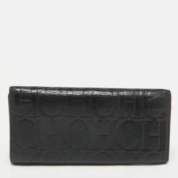 Pre Owned CH Carolina Herrera Black Monogram Embossed Leather Trifold Continental Wallet