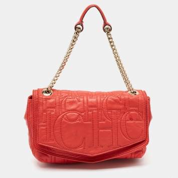 Pre Owned CH Carolina Herrera Red Monogram Leather Double Flap Shoulder Bag