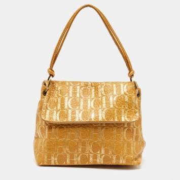 Pre Owned CH Carolina Herrera Yellow Monogram Embossed Leather Shoulder Bag