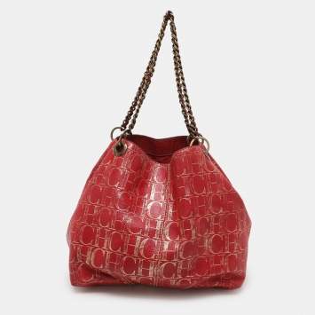 Pre Owned CH Carolina Herrera Red Metallic Monogram Leather Chain Tote