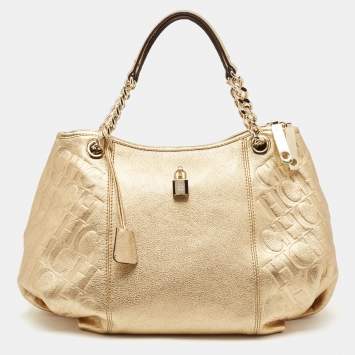 Pre Owned CH Carolina Herrera Gold Monogram Embossed Leather Dahlia Hobo
