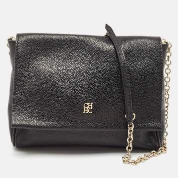 Pre Owned CH Carolina Herrera Black Leather Chain Flap Shoulder Bag