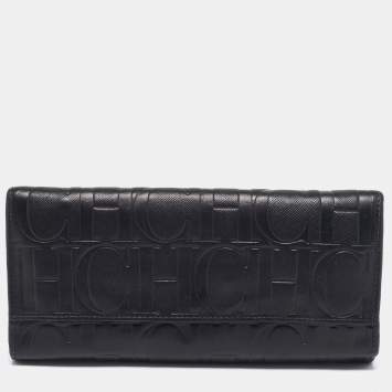 Pre Owned CH Carolina Herrera Black Embossed Leather Continental Wallet