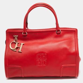 Pre Owned CH Carolina Herrera Red Leather East/West Logo Charm Tote