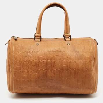 Pre Owned CH Carolina Herrera Tan Monogram Embossed Leather Large Andy Boston Bag