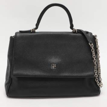 CH Carolina Herrera Black Leather Minuetto Flap Top Handle Bag