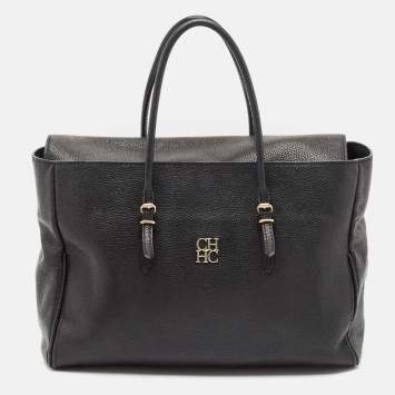 Pre Owned CH Carolina Herrera Black Leather Large Minuetto Flap Top Handle Bag