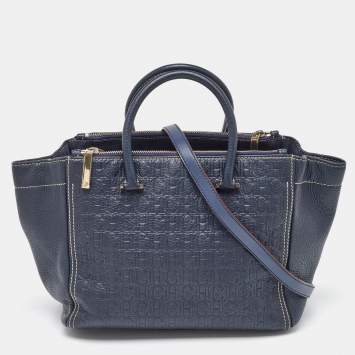 Pre Owned CH Carolina Herrera Navy Blue Monogram Embossed Leather Tote