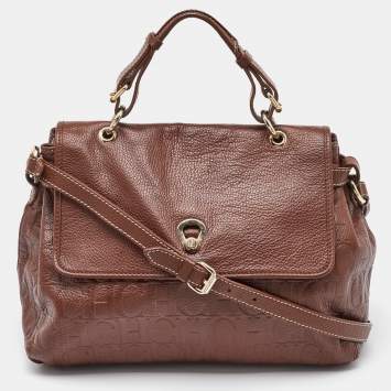 Pre Owned CH Carolina Herrera Brown Monogram Embossed Leather Flap Top Handle Bag