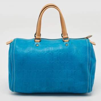 Pre Owned CH Carolina Herrera Blue Monogram Embossed Leather Large Andy Boston Bag