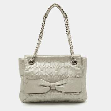 Pre Owned CH Carolina Herrera Silver Monogram Embossed Leather Audrey Bow Shoulder Bag