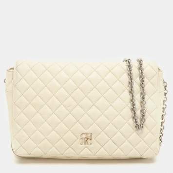 Pre Owned CH Carolina Herrera Cream Quilted Leather Flap Crossbody Bag