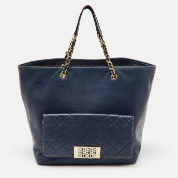 Pre Owned CH Carolina Herrera Navy Blue Leather Front Pocket Shopper Tote