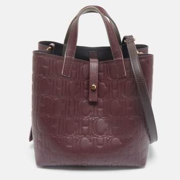 CH Carolina Herrera Burgundy Monogram Embossed Leather Matryoshka Padlock Tote