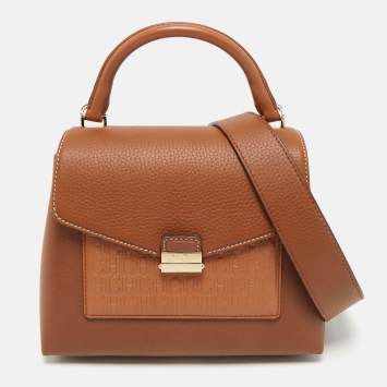 CH Carolina Herrera Brown Monogram Embossed Leather Small Top Handle Bag