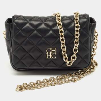 Pre Owned CH Carolina Herrera Black Quilted Leather Chain Crossbody Bag